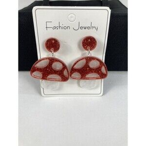 Mushroom Earrings Glittery Red White Dangle Whimsical Cottage Core Light Weight